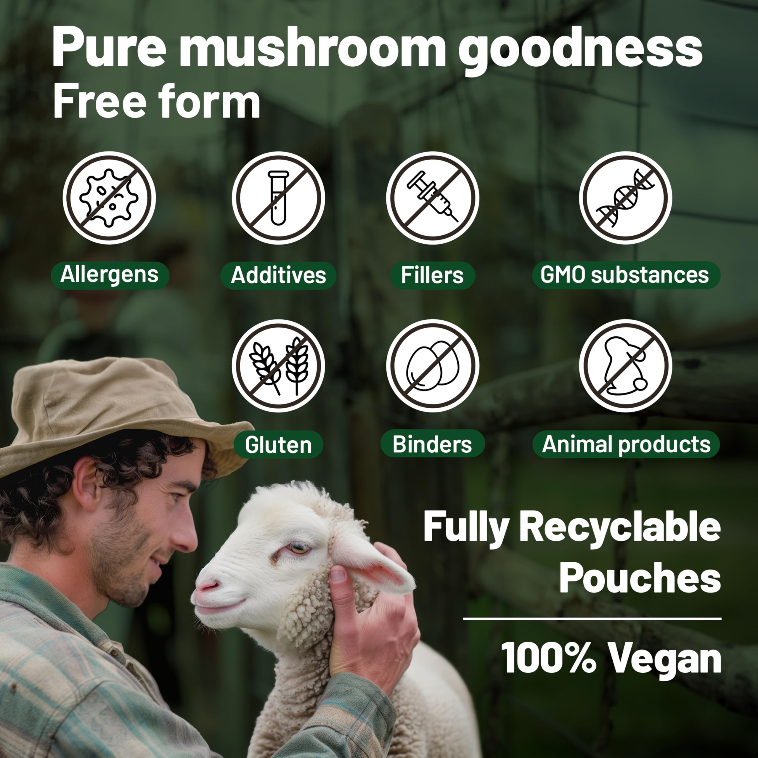 Vegan Vitality Multi Mushroom Label: etiqueta clara con beneficios y composición para guía de uso.