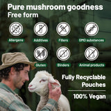 Vegan Vitality Multi Mushroom Label: etiqueta clara con beneficios y composición para guía de uso.