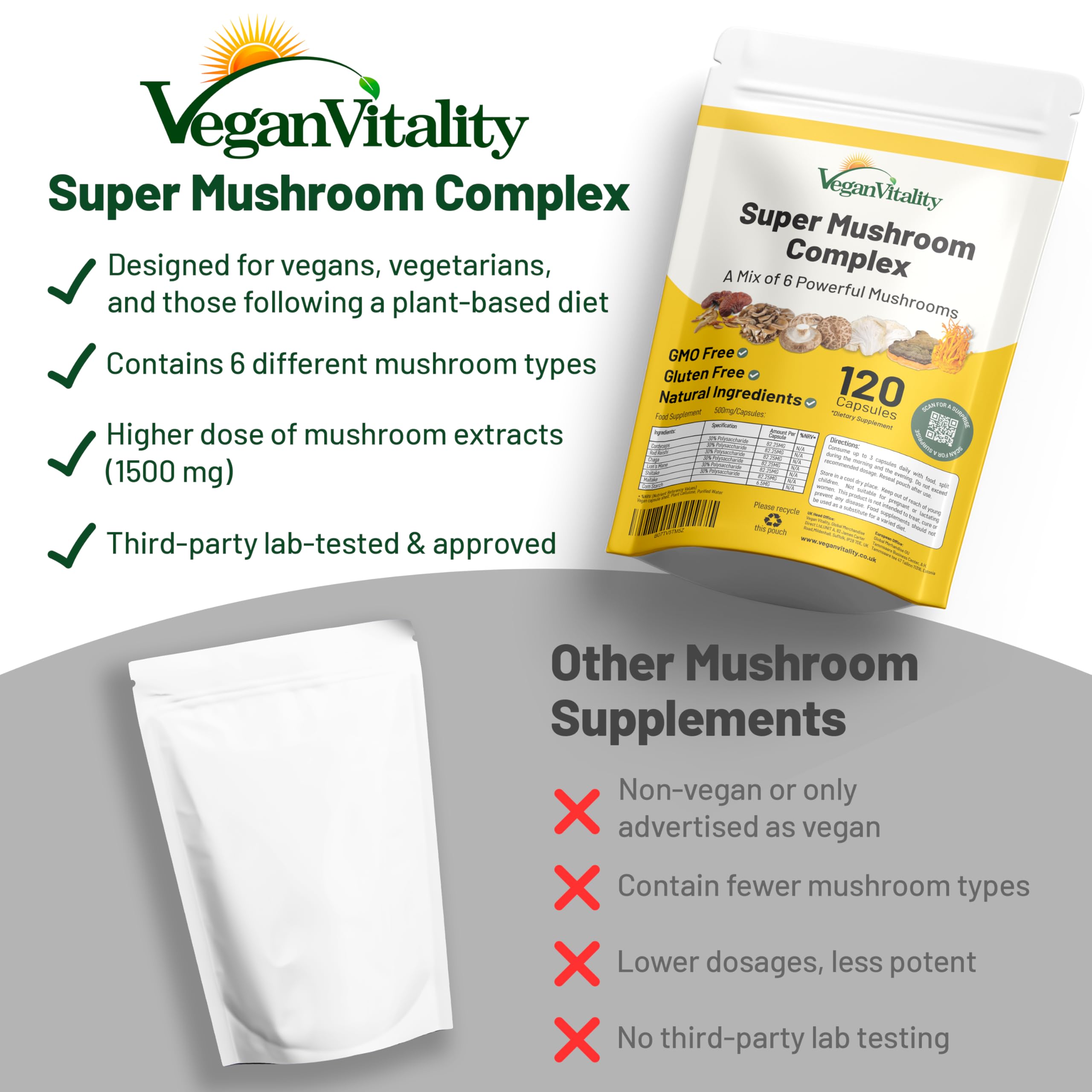 Vegan Vitality Multi Mushroom Packaging: envase reciclable para un estilo de vida consciente.