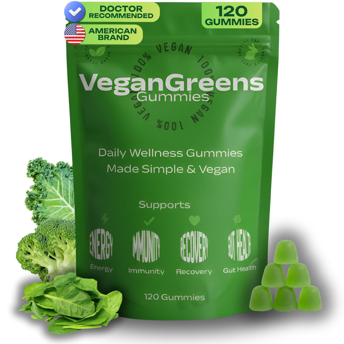 VeganGreens gomitas en empaque de 120, snack vegano para energía diaria.