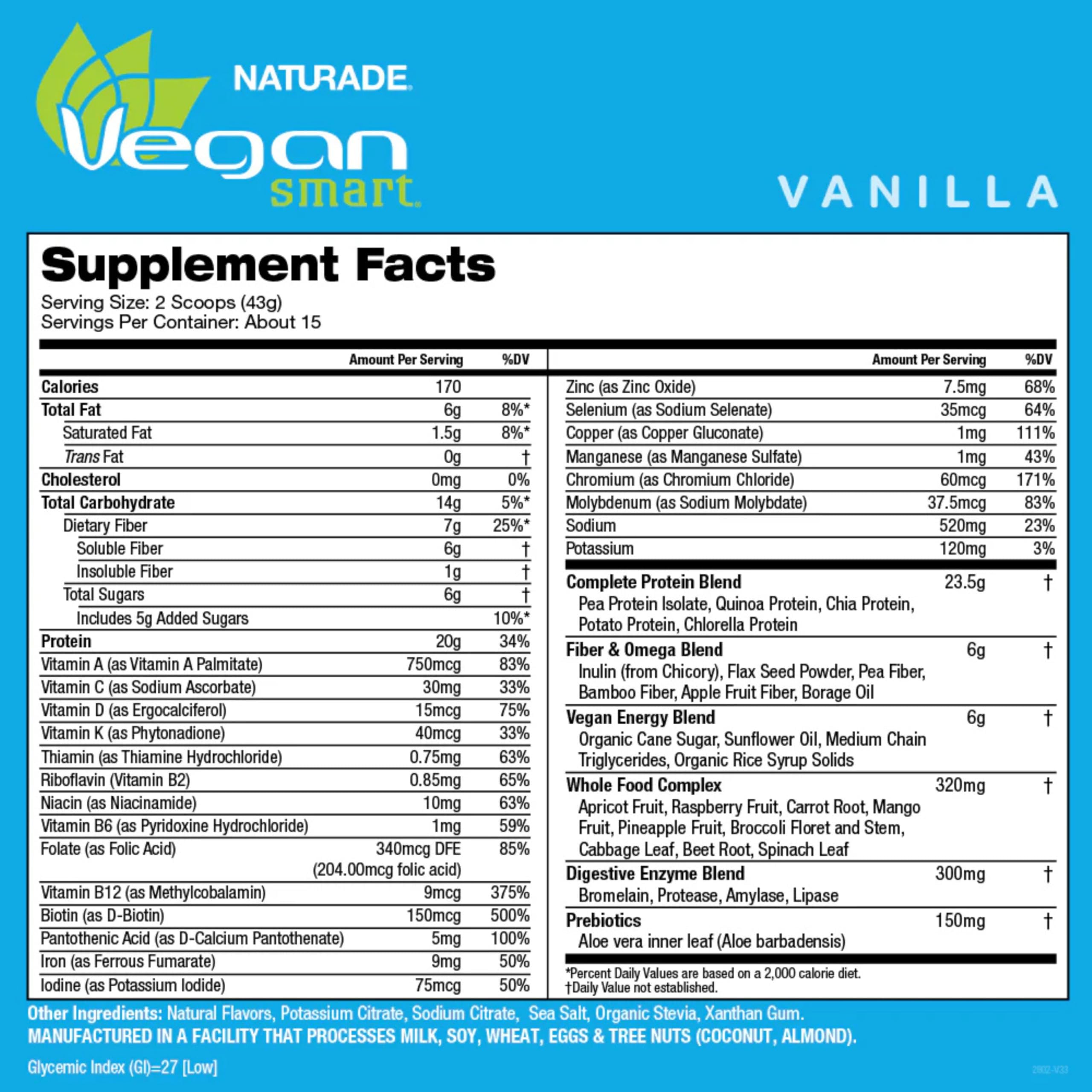 Vegansmart Naturade bote vanilla 22,75 oz con proteína y fibra