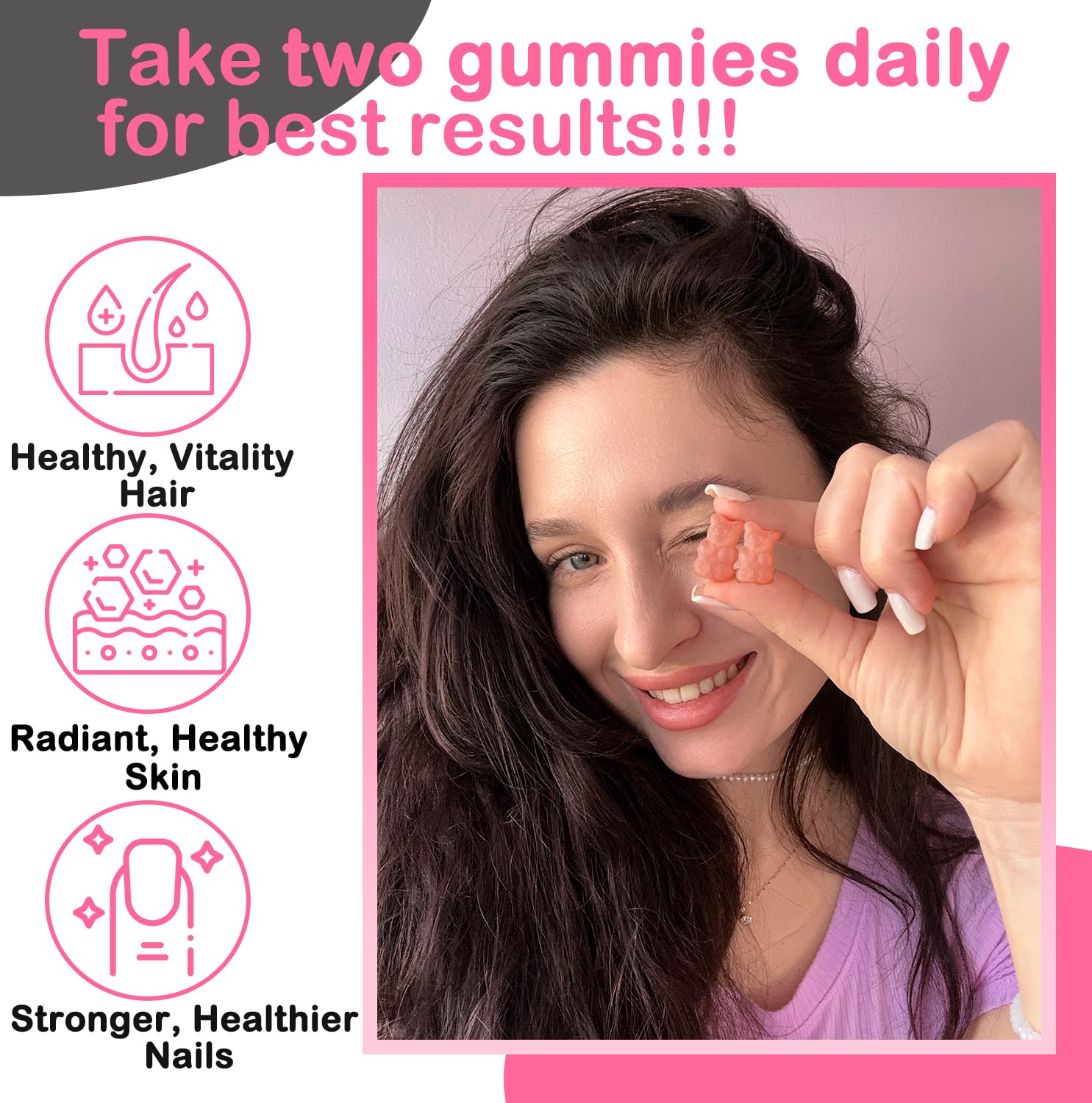 VEGEPOWER Biotin Gummies, bote frontal, fácil acceso para suplementación diaria.