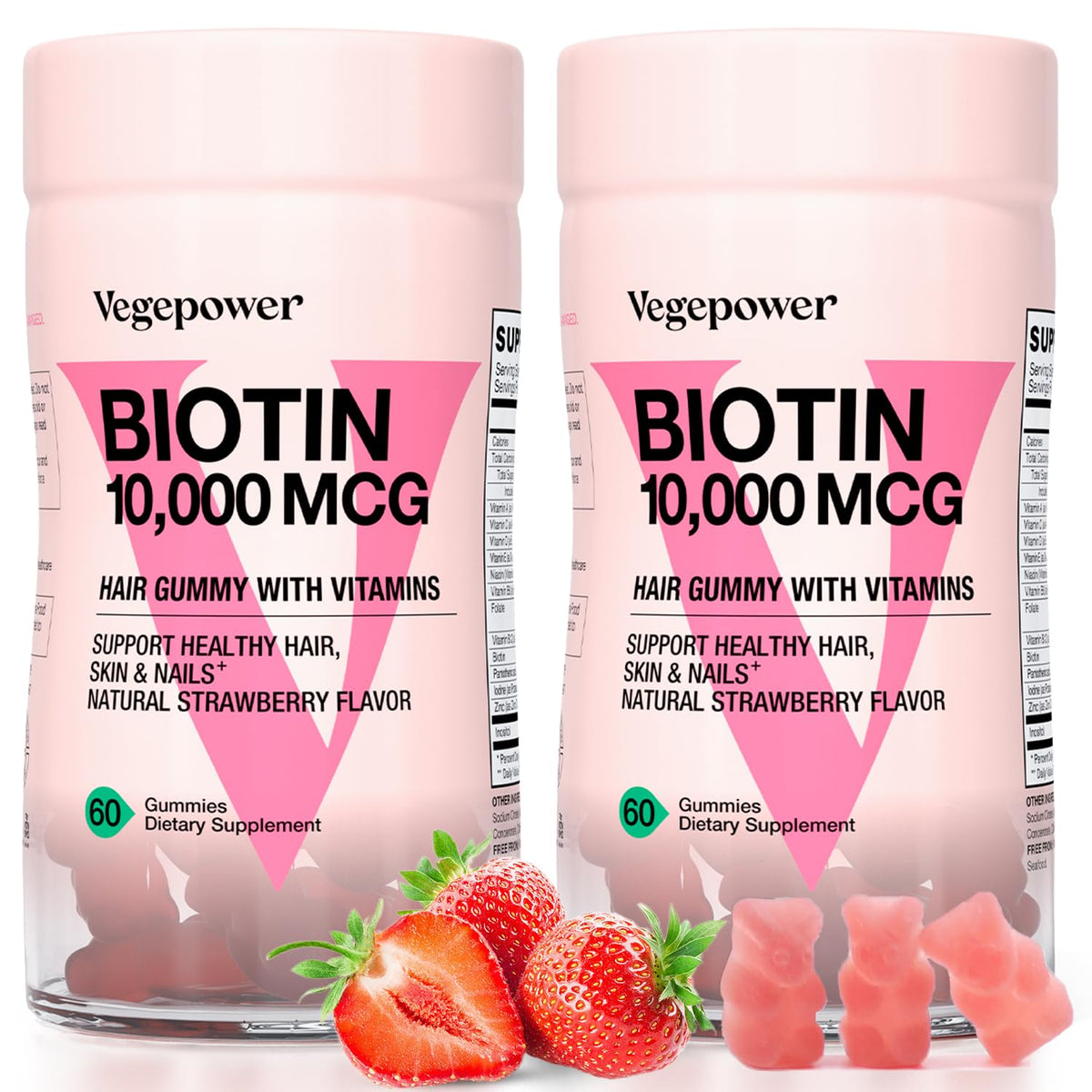 VEGEPOWER Biotin Gummies sabor fresa para cuidado del cabello y uñas.