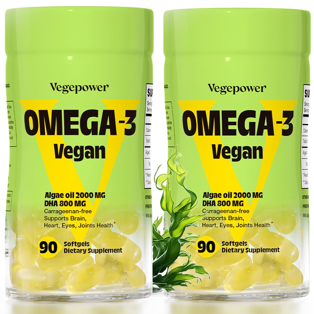 VEGEPOWER omega-3 vegano en botella, cápsulas suaves para uso diario.