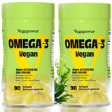 VEGEPOWER omega-3 vegano en botella, cápsulas suaves para uso diario.