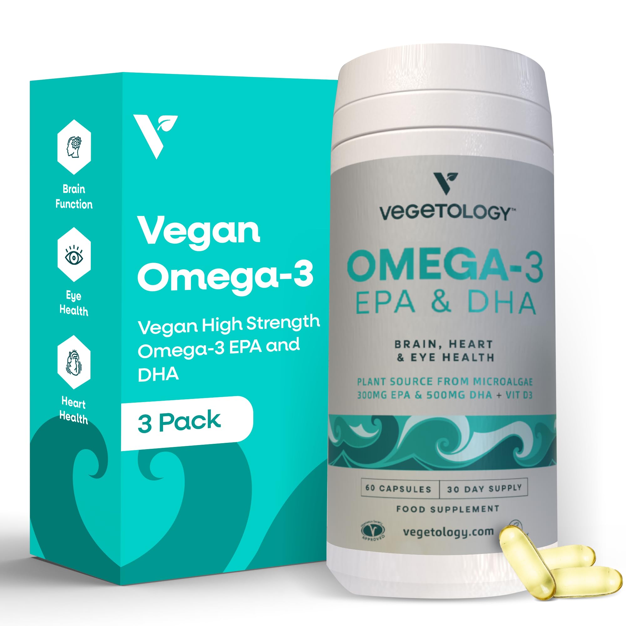 VEGETOLOGY Omega 3 cápsulas veganas en botella para bienestar general