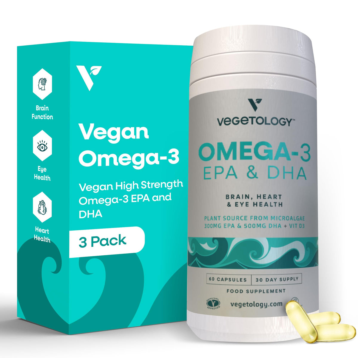 VEGETOLOGY Omega 3 cápsulas veganas en botella para bienestar general