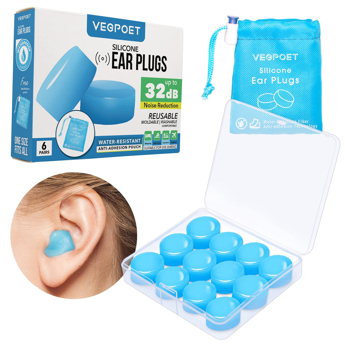 Tapones Vegpoet de silicona para dormir, ajuste cómodo y protección auditiva