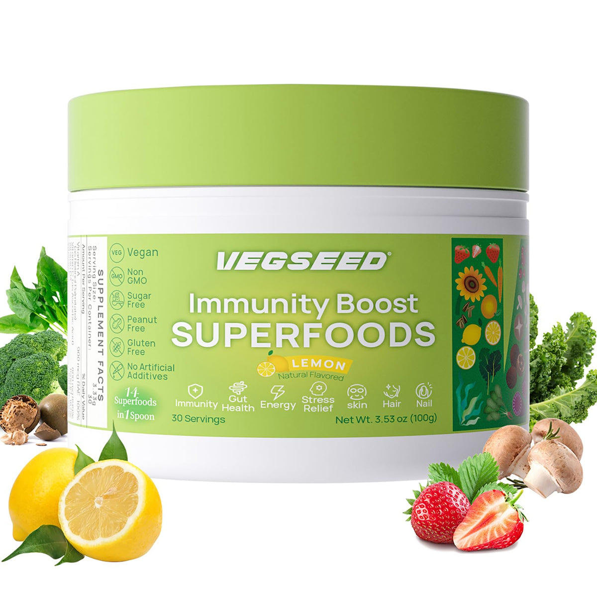 Vegseed Immunity Greens en empaque, ideal para nutrición diaria
