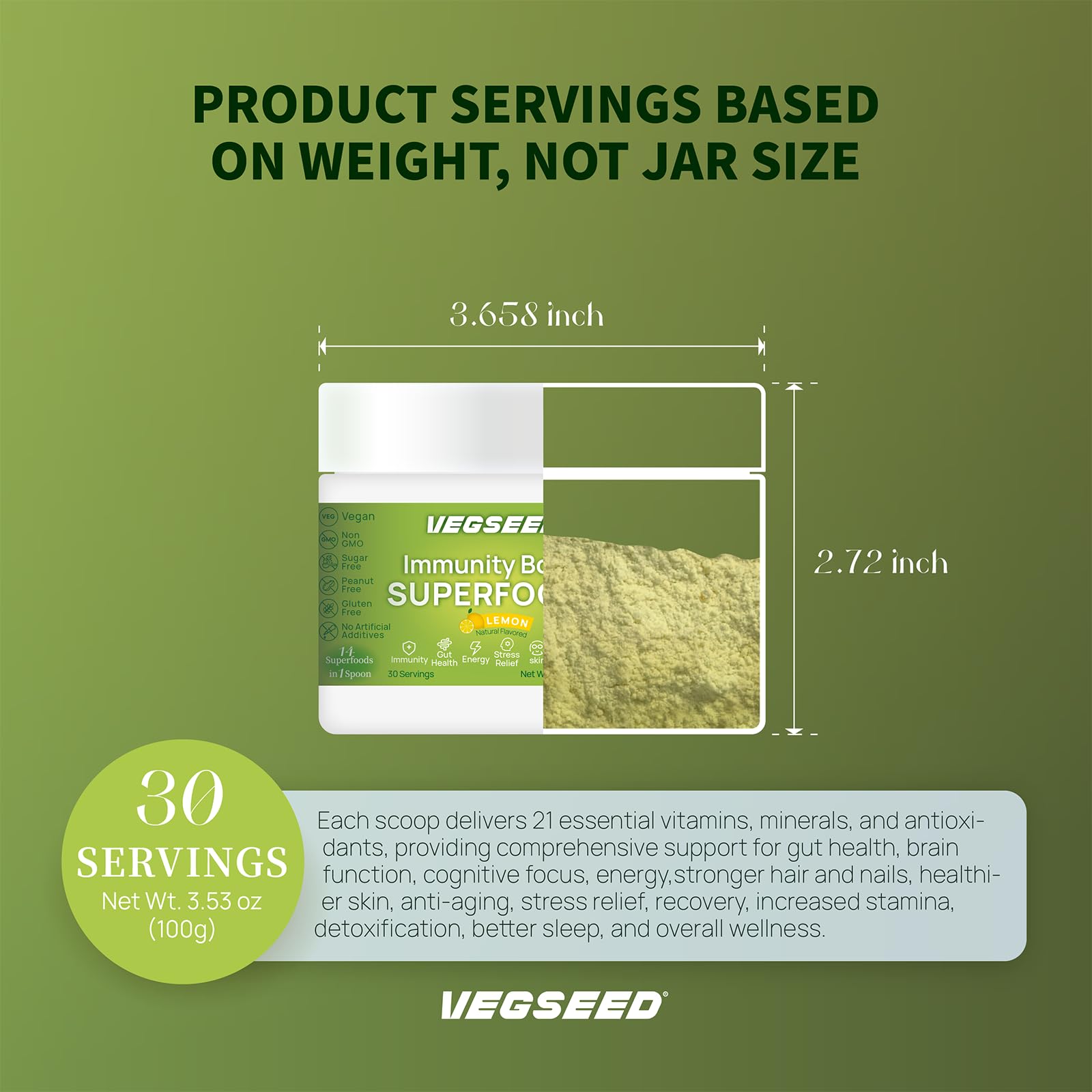 Vegseed Immunity Greens, etiqueta cero azúcar y sin aditivos
