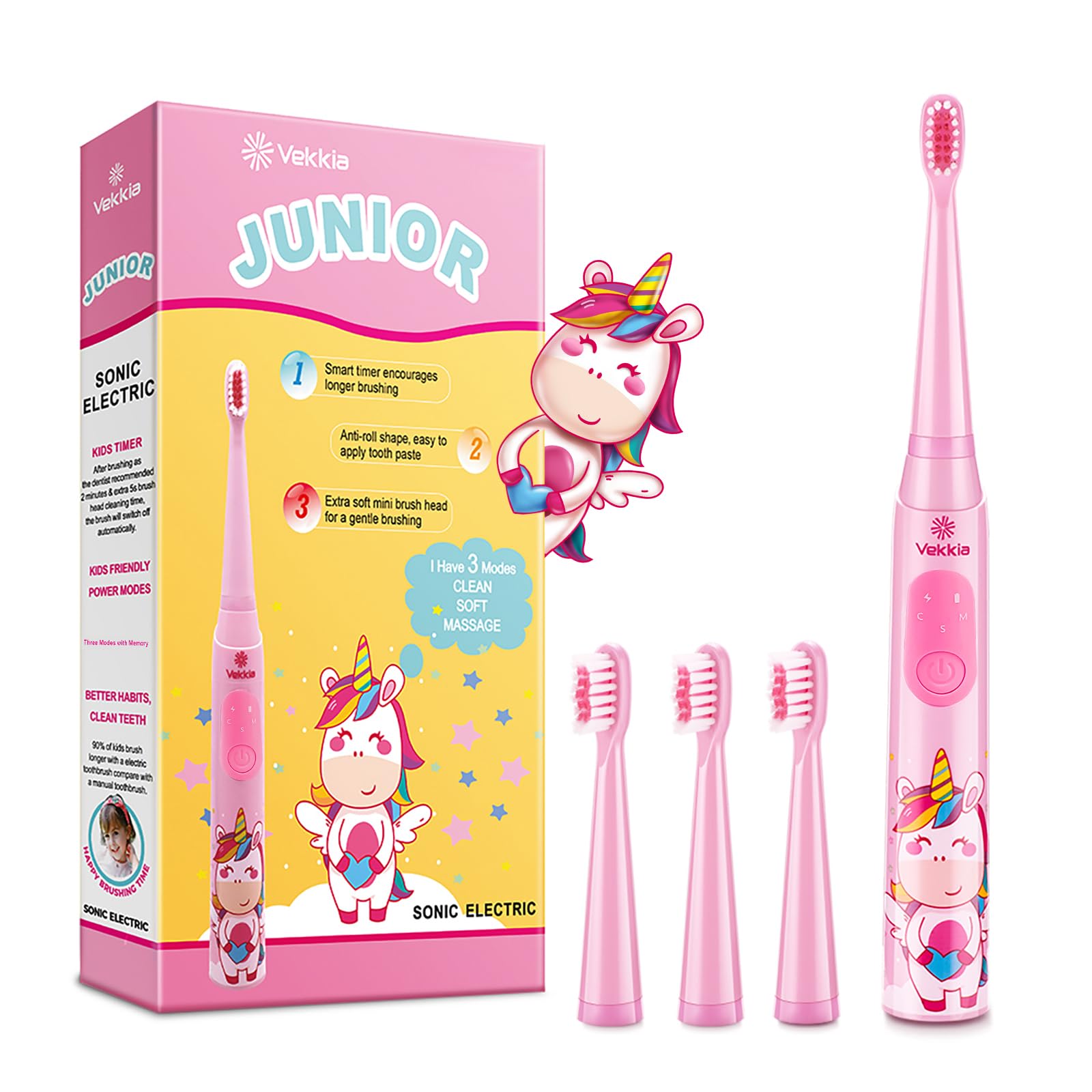 Vekkia cepillo sónico infantil rosa, diseño divertido para motivar el cepillado diario.