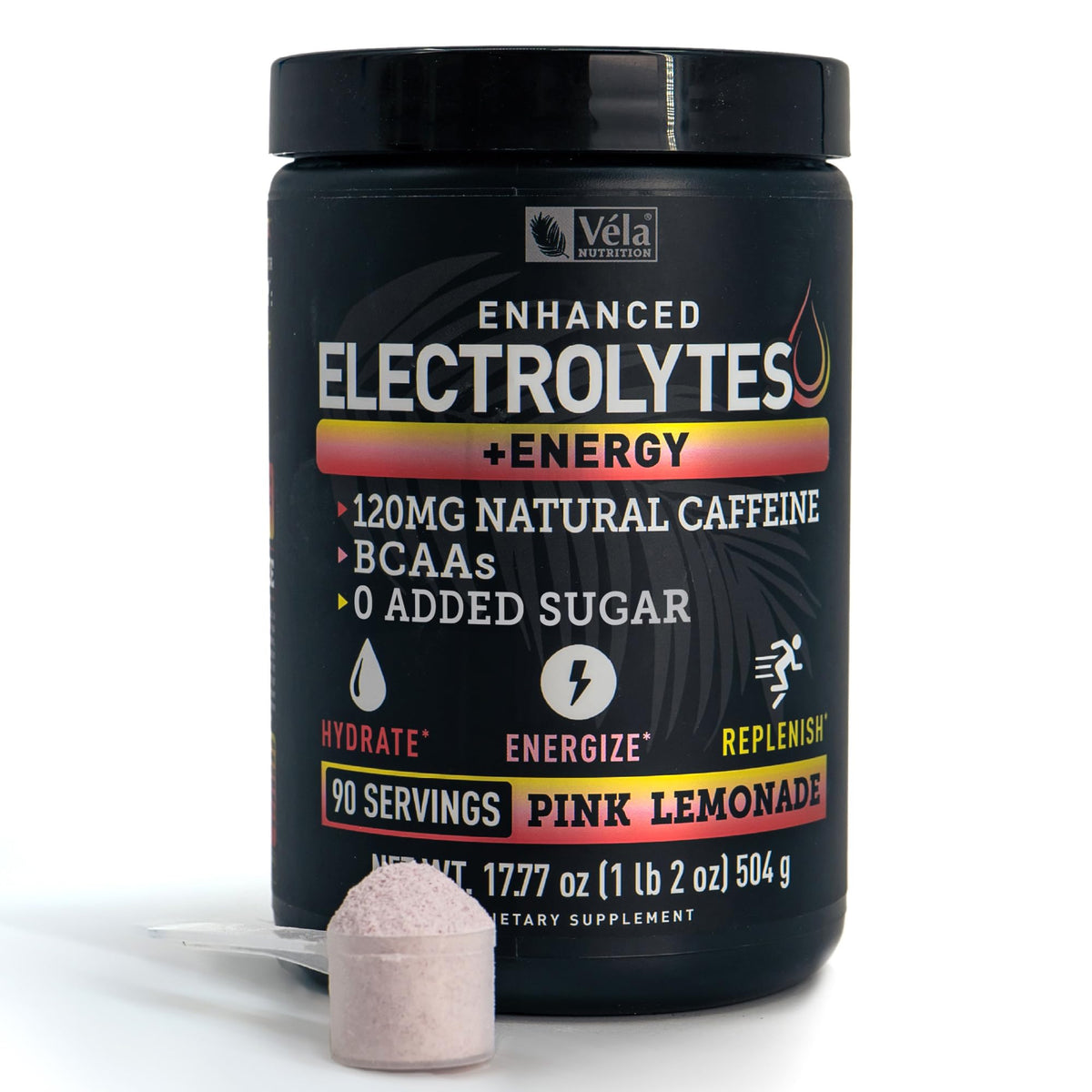 Véla pre-entrenamiento con electrolitos para energía y hidratación en botella rosa limón.