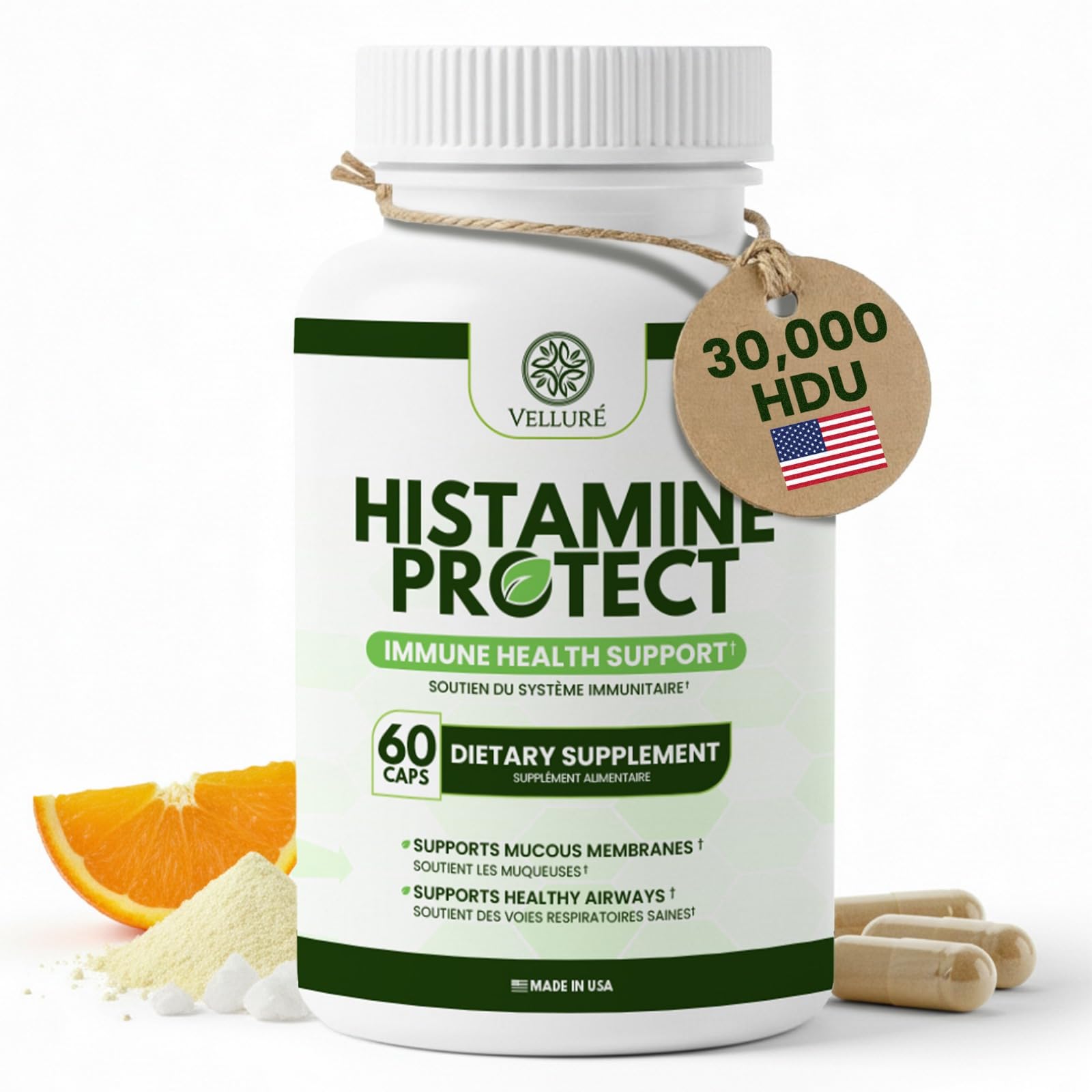 Velluré Histamine Protect, botella frontal para confianza digestiva y uso diario.