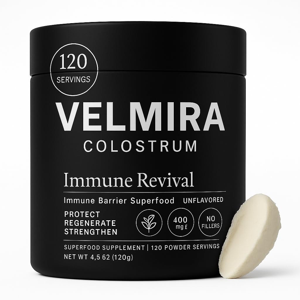 Velmira Colostrum Powder frasco, imagen de producto y calidad premium para uso diario