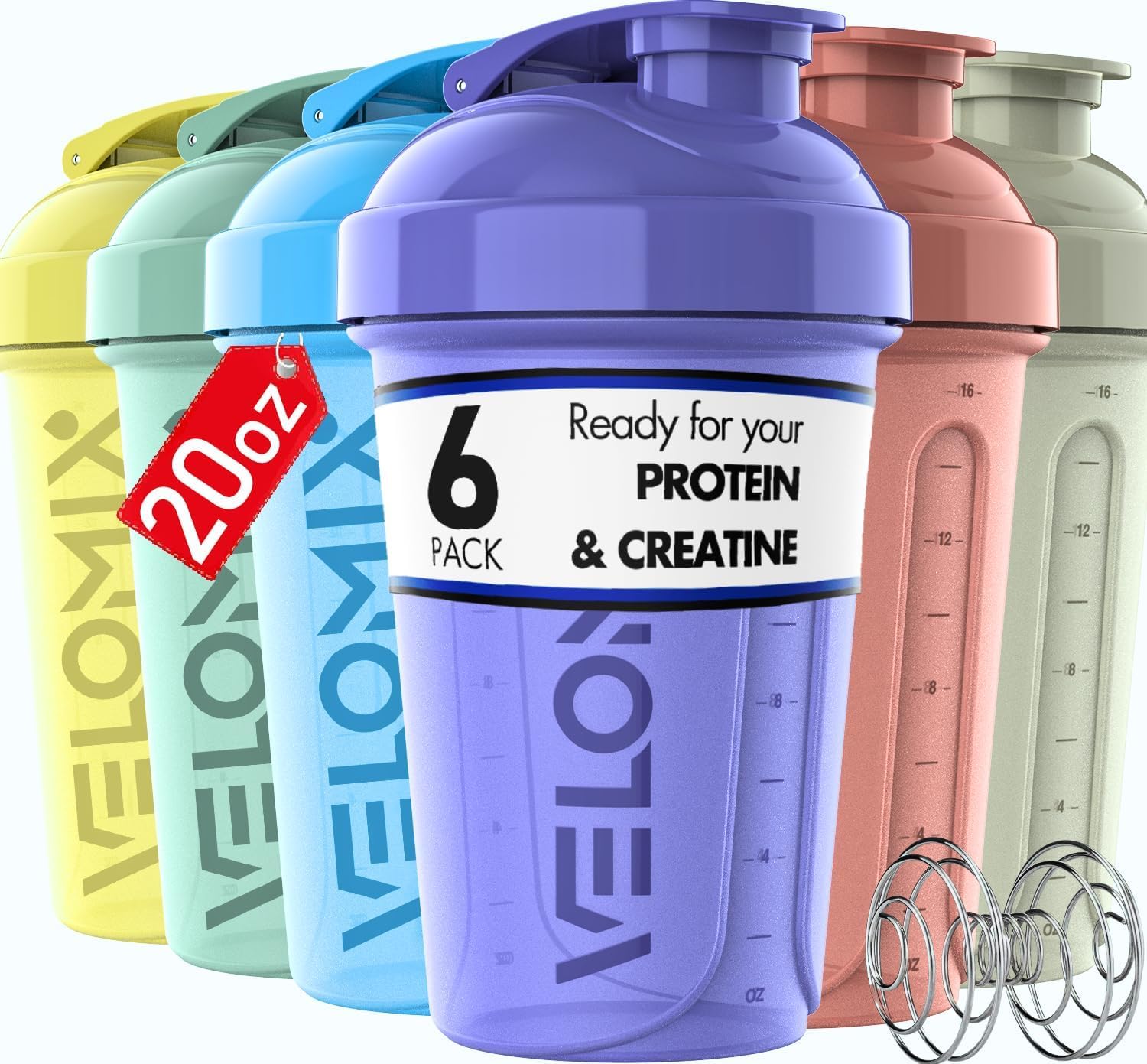 Velomix botella proteína 20oz con batidor de acero para mezclas suaves.