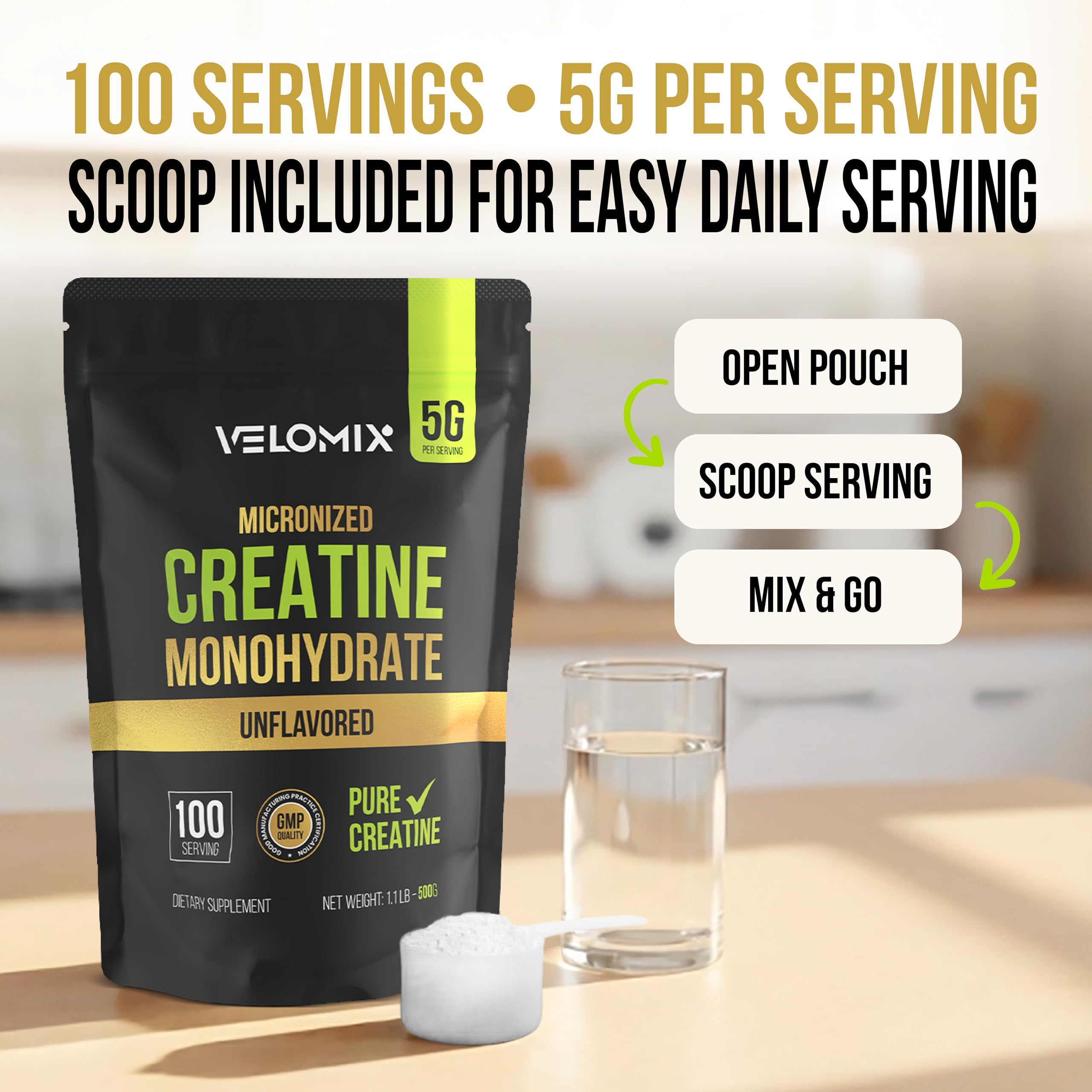 Velomix creatina micronizada, apto para combinar: con proteína o pre-entreno.
