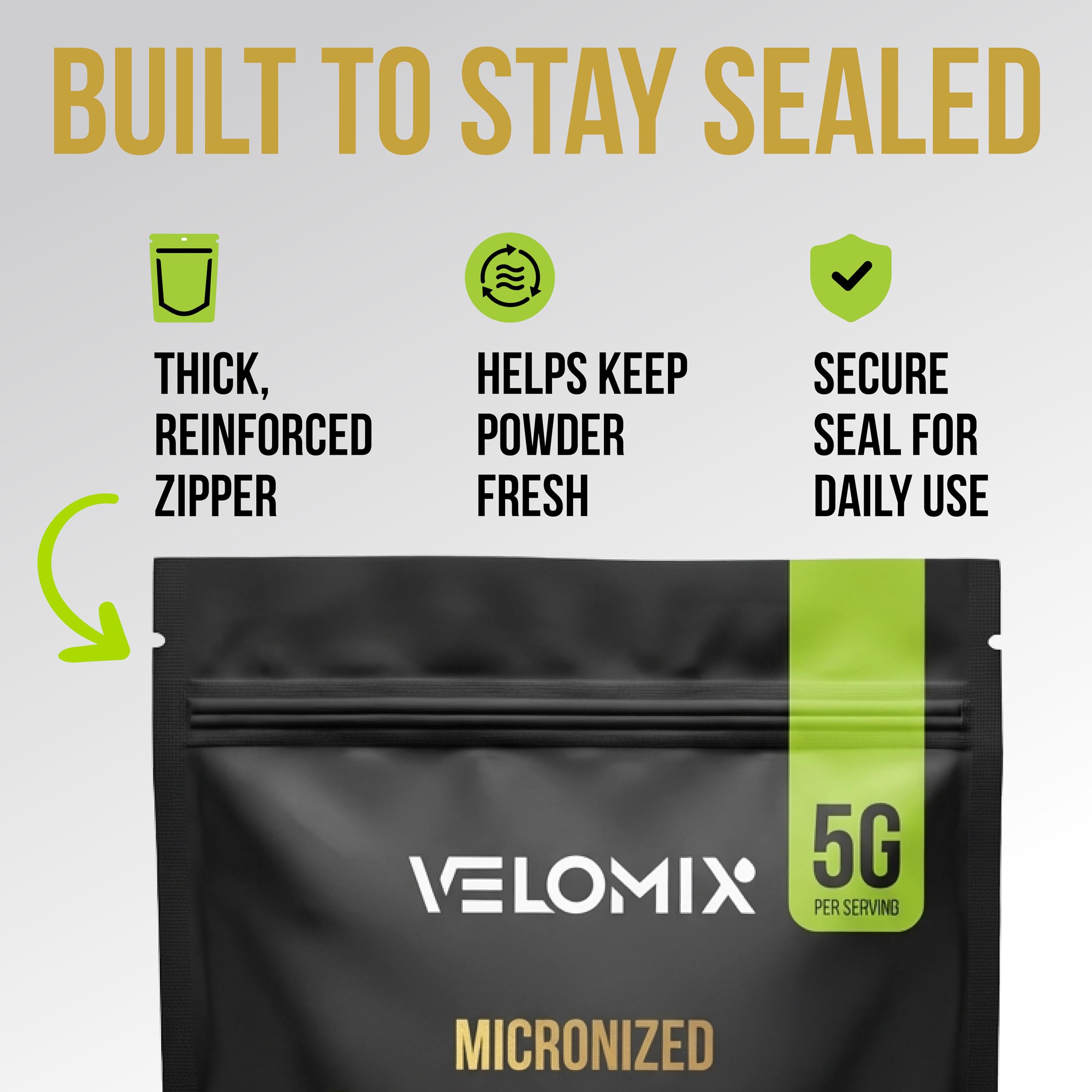 Velomix creatina micronizada, porción diaria: 5 g para resultados sostenidos.