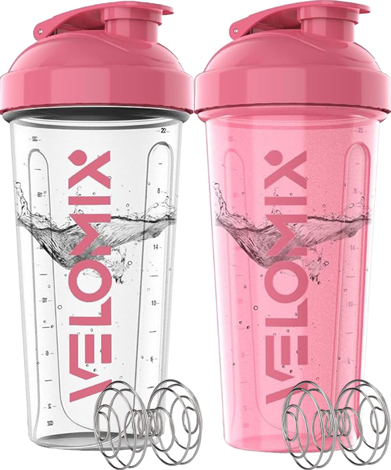 Velomix: dos botellas mezcladoras de 28 onzas, ideales para proteína, color rosa transparente.