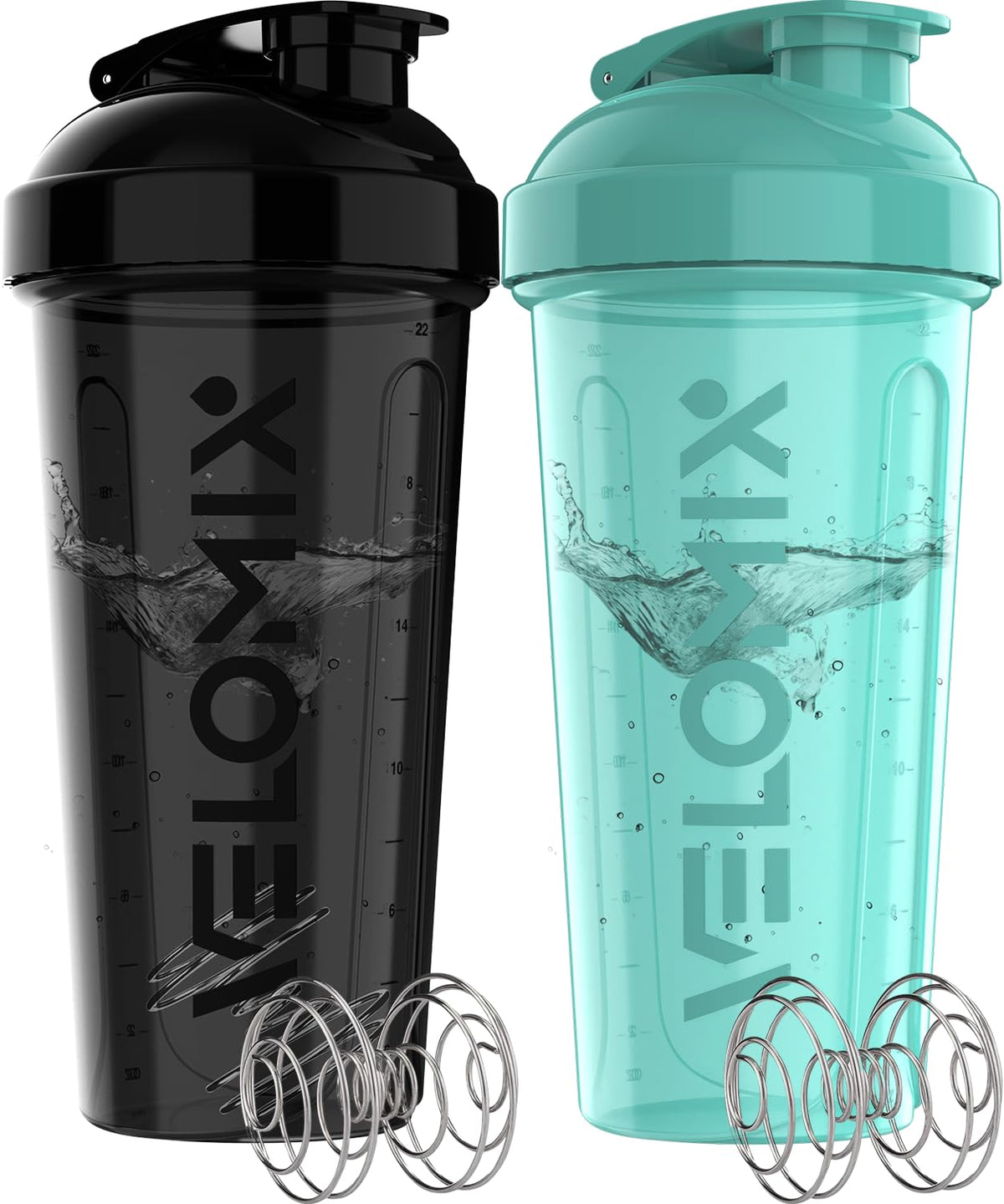 VELOMIX pack dos botellas 28 onzas con batidor, negro y turquesa, para batidos de proteína