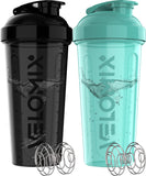 VELOMIX pack dos botellas 28 onzas con batidor, negro y turquesa, para batidos de proteína