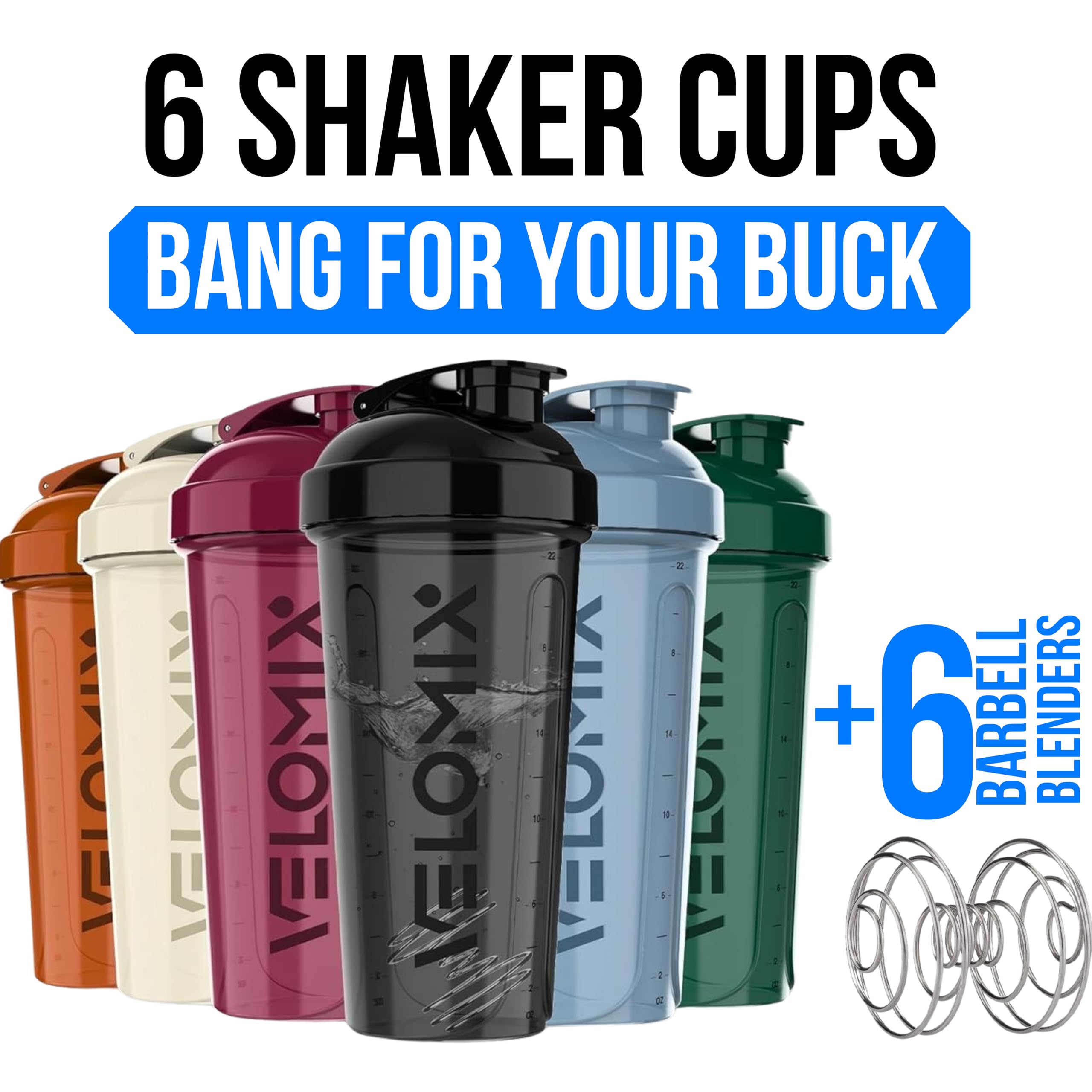 VELOMIX Pack de 6 botellas 28oz tono tierra con batidor de alambre para mezclas uniformes.