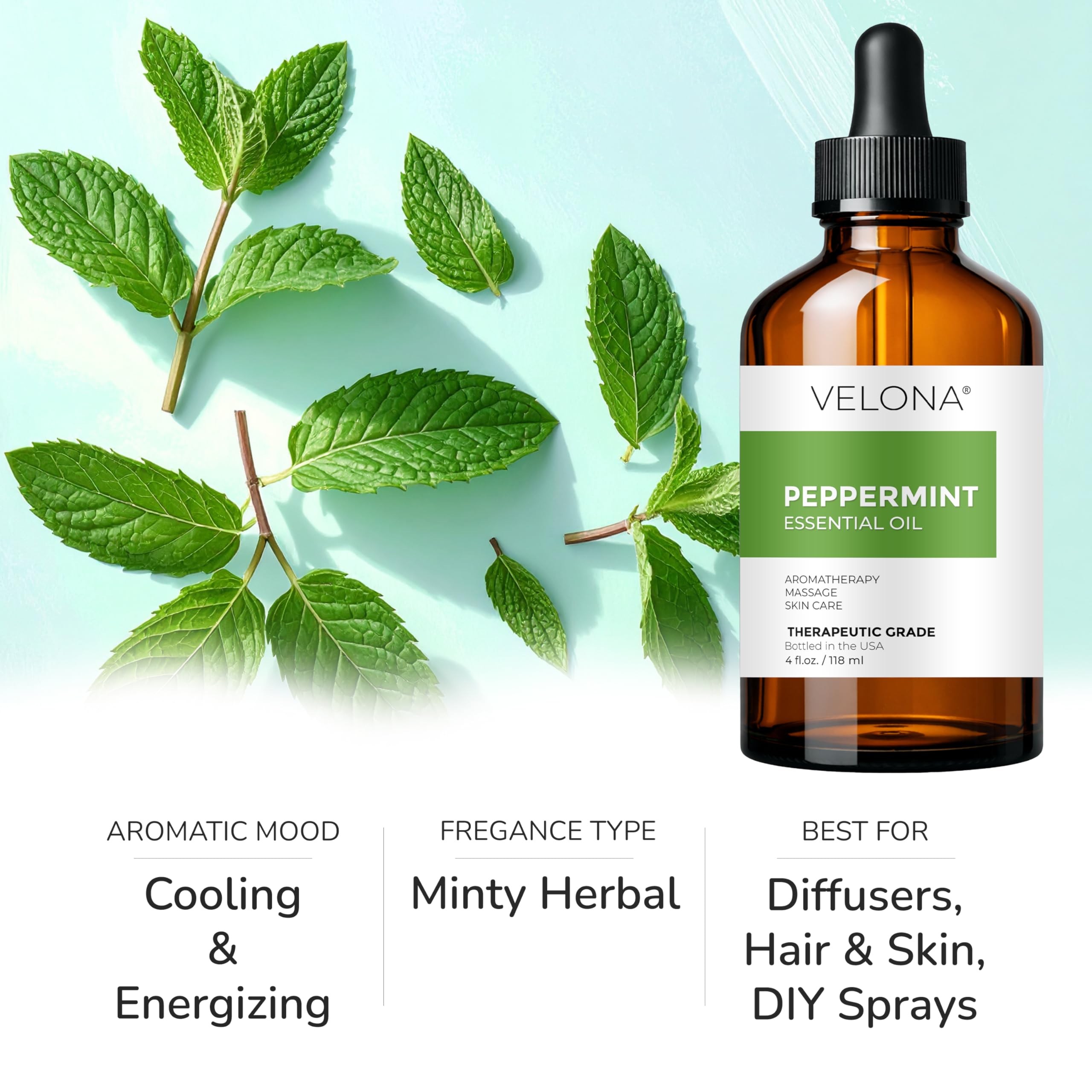 Velona aceite de menta peperina para masaje, sensación mentolada y vigorizante.