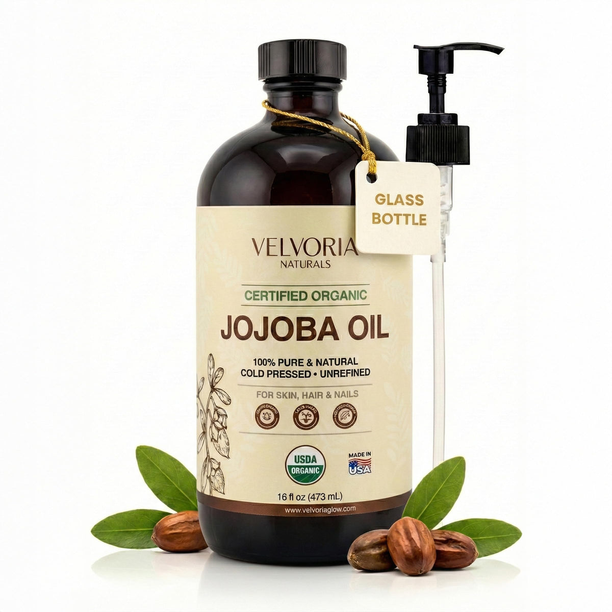 VELVORIA NATURALS aceite-jojoba-organico-puro, frasco-vidrio, hidrata piel suavemente