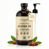 VELVORIA NATURALS aceite-jojoba-organico-puro, frasco-vidrio, hidrata piel suavemente