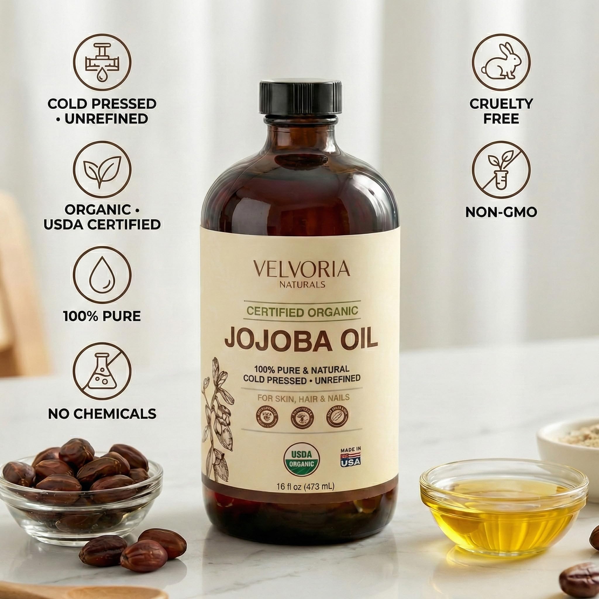 VELVORIA NATURALS aceite-jojoba-prensado-frio, envase-vidrio para uso diario