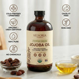 VELVORIA NATURALS aceite-jojoba-prensado-frio, envase-vidrio para uso diario