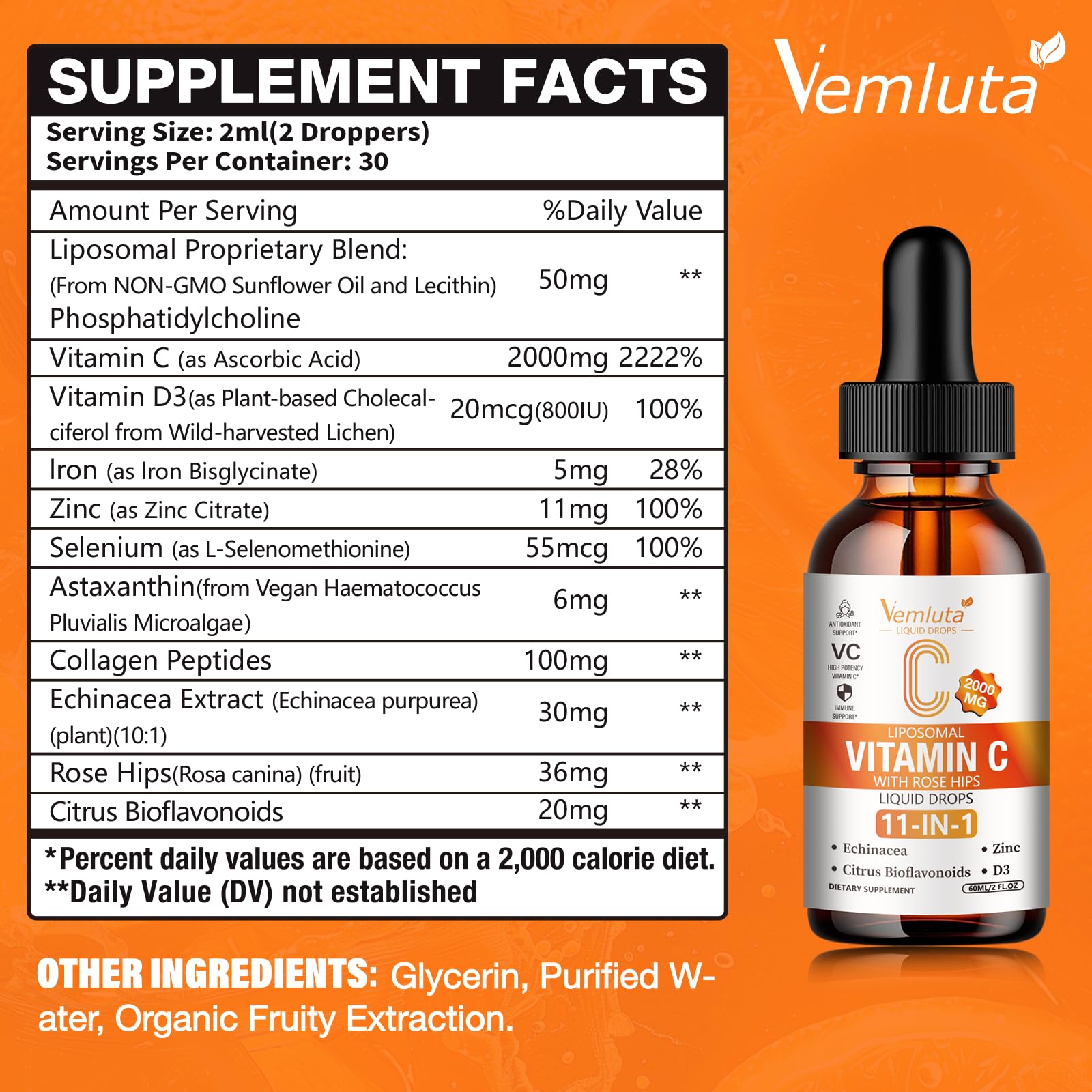 La botella de Vemluta muestra vitamina C liposomal con rosa mosqueta.