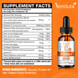 La botella de Vemluta muestra vitamina C liposomal con rosa mosqueta.
