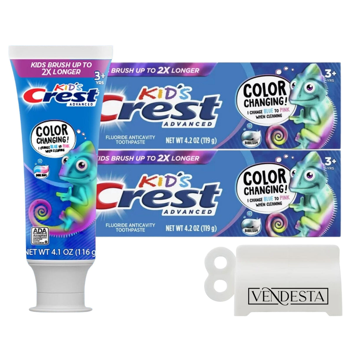 VenDesta Crest Kids cambia color durante el cepillado para niños, fomentando la duración adecuada.