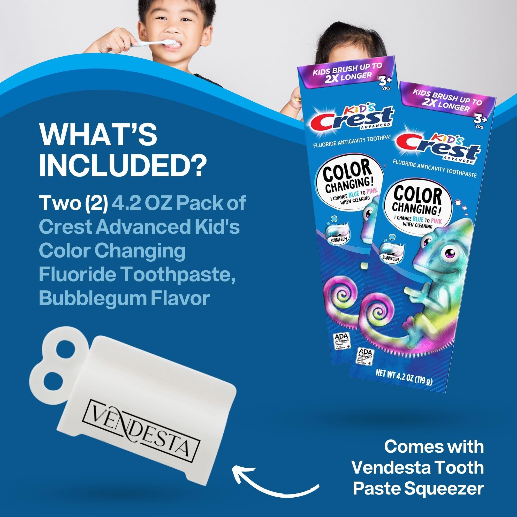 VenDesta Crest Kids ofrece protección contra caries gracias al fluoruro.