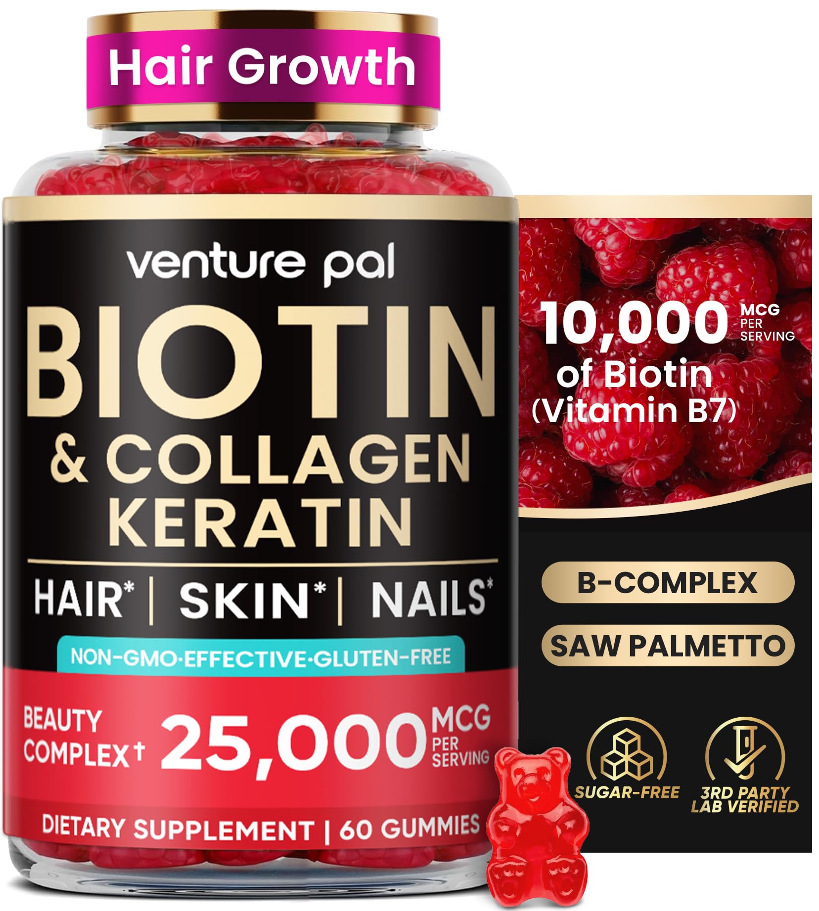 Gomitas Venture Pal Biotin en frasco, para cabello saludable.