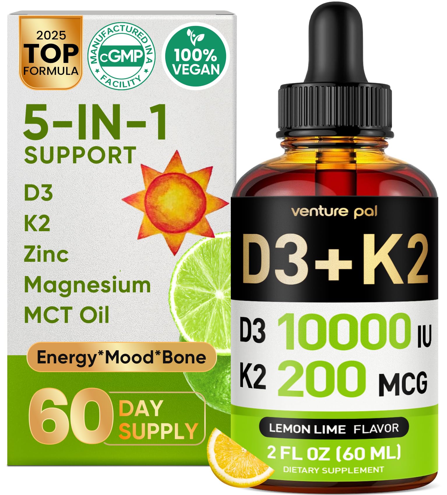 Venture Pal, bote vitamina D3-K2, posible apoyo para huesos y dientes.
