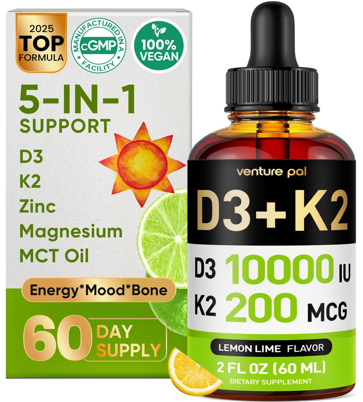 Venture Pal, bote vitamina D3-K2, posible apoyo para huesos y dientes.