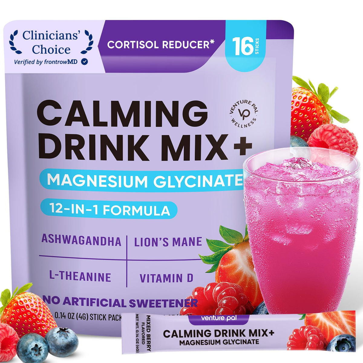 Venture Pal Calm Drink Mix, botella vertiendo en vaso, promueve relajación.