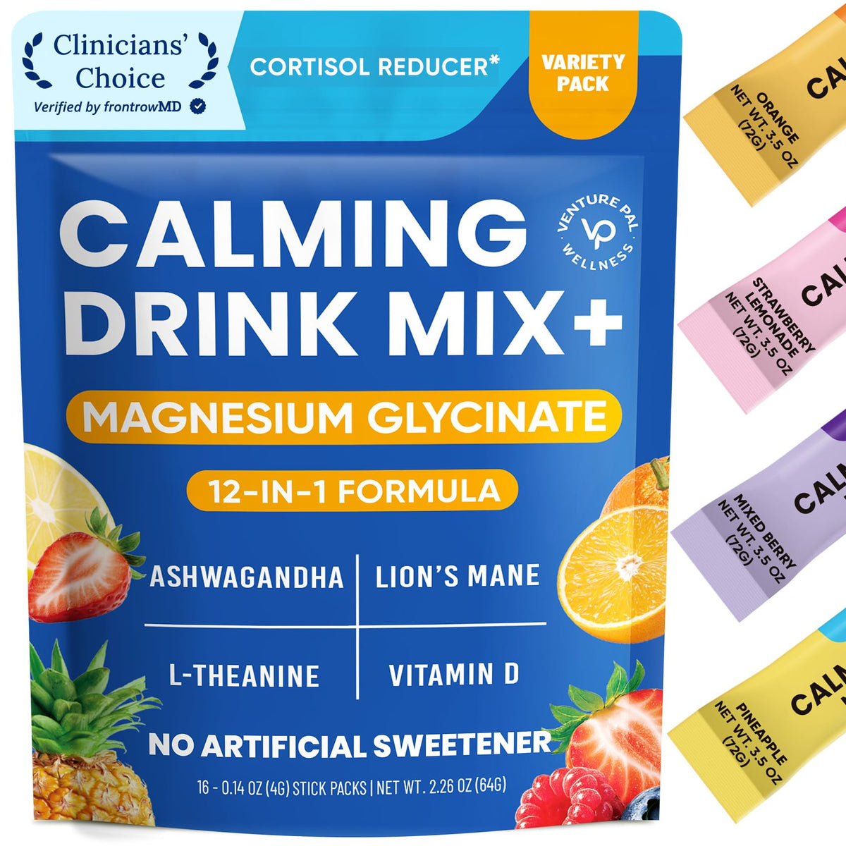 Venture Pal Calm Drink Mix en envase, para relajación diaria.