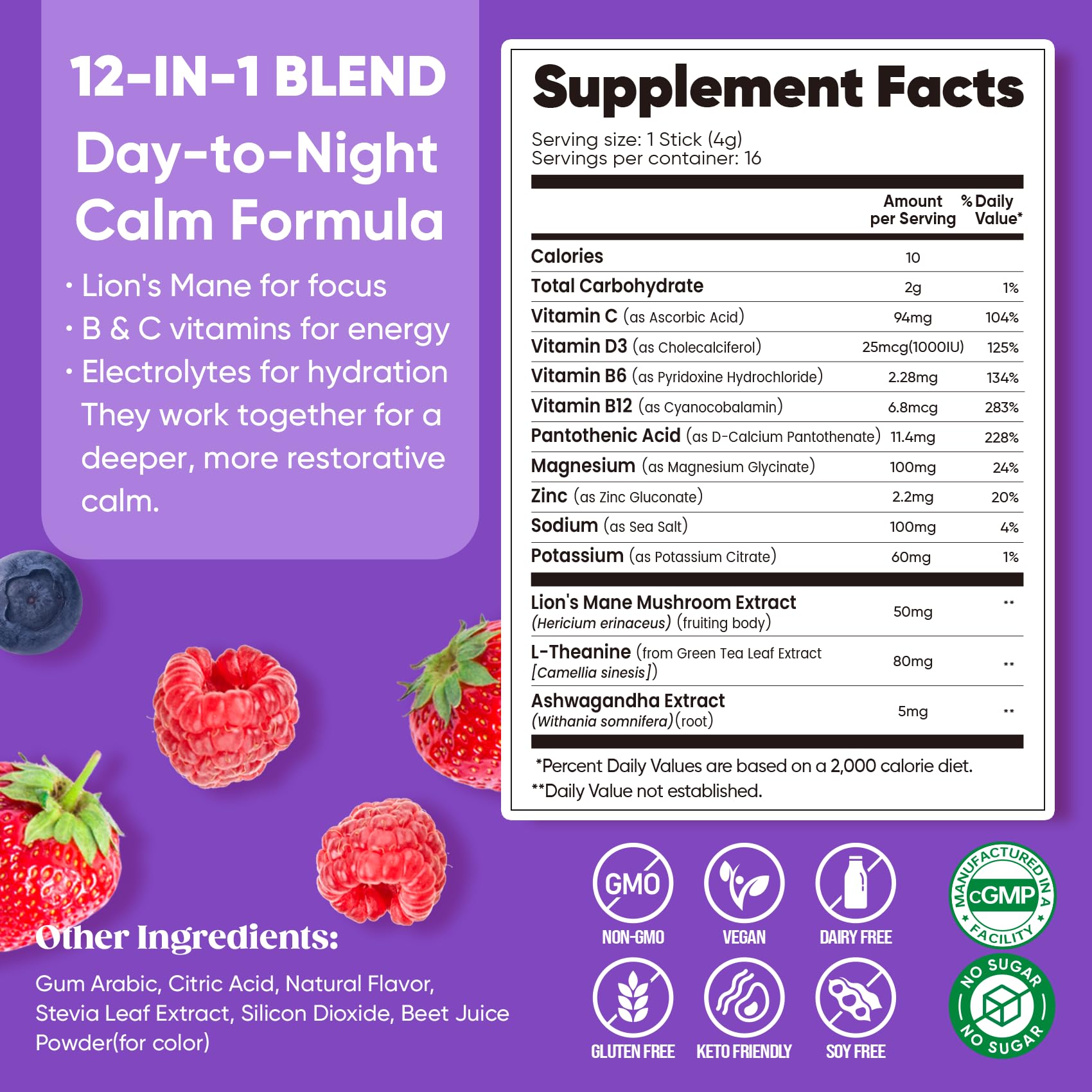 Etiqueta vegana y sin gluten de Venture Pal Calm Drink Mix.