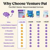 Venture Pal Calm Drink Mix, vaso con bebida, apoyo al foco mental.
