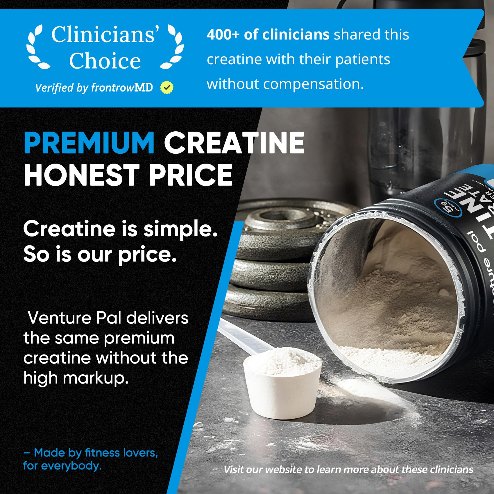 Creatina micronizada Venture Pal de 200 mallas: disolución rápida en cualquier bebida.