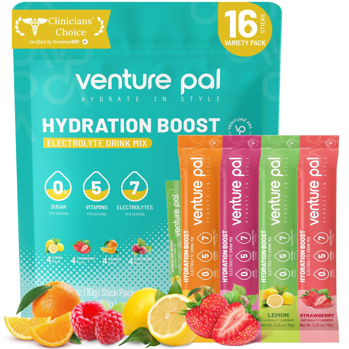 Venture Pal electrolitos sin azúcar en stick limón para hidratación rápida.