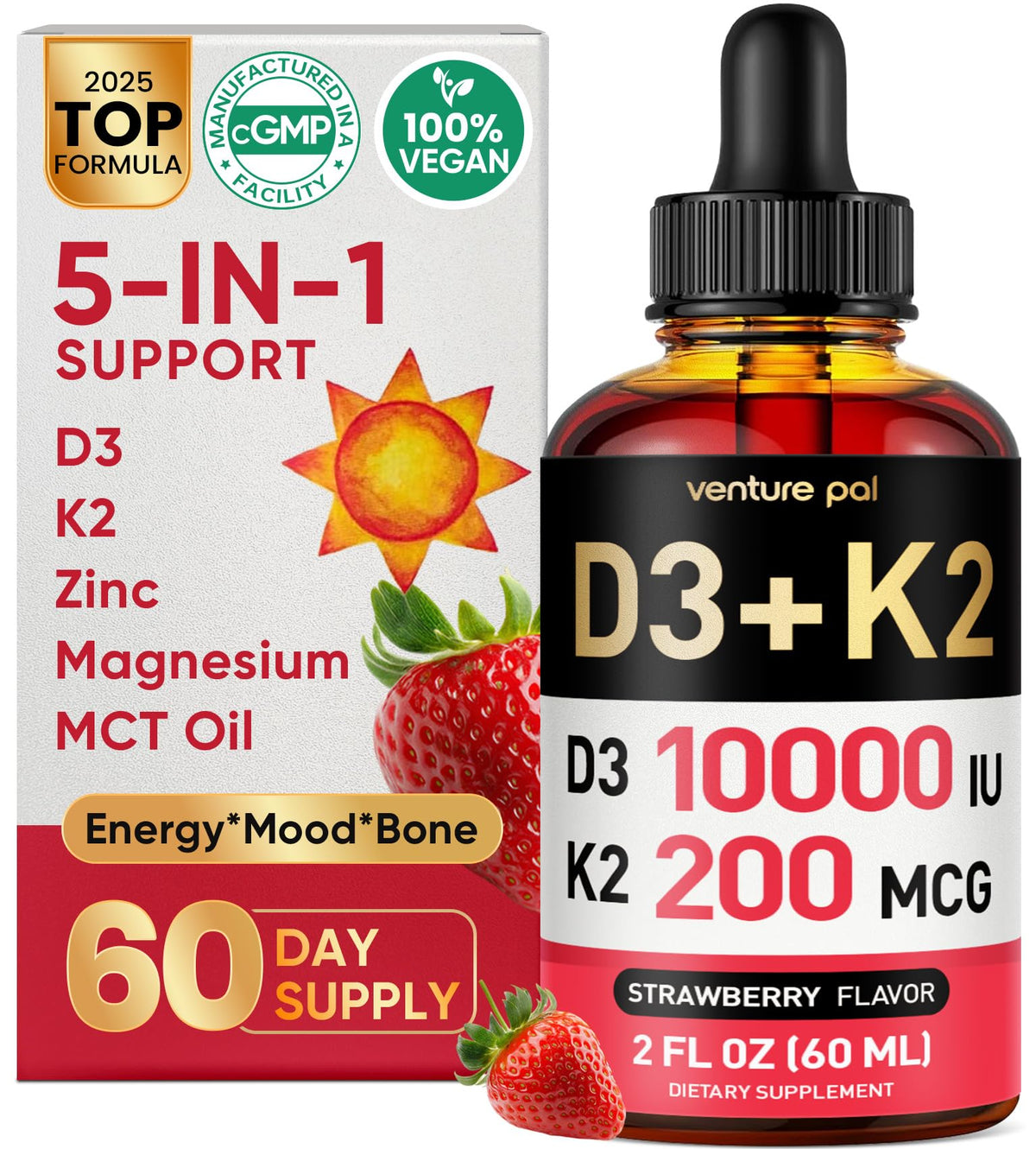 Venture Pal frasco D3-K2 en aceite para absorción máxima y soporte óseo
