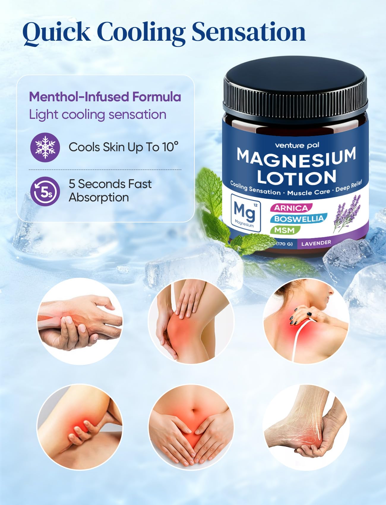 Loción de magnesio Venture Pal, absorción rápida para piernas y pies.