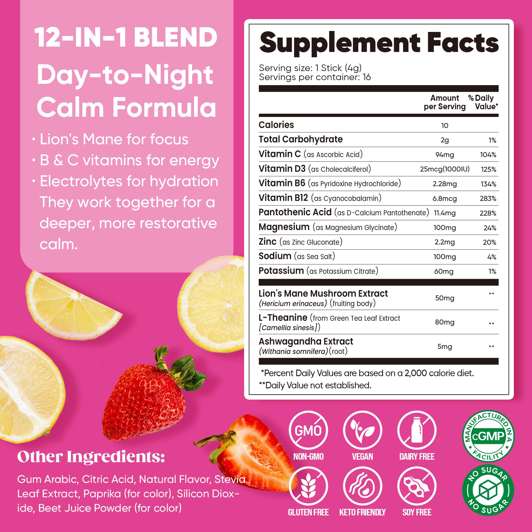Venture Pal Calm Drink Mix: etiqueta vegan, apta para estilos de vida sin productos animales.