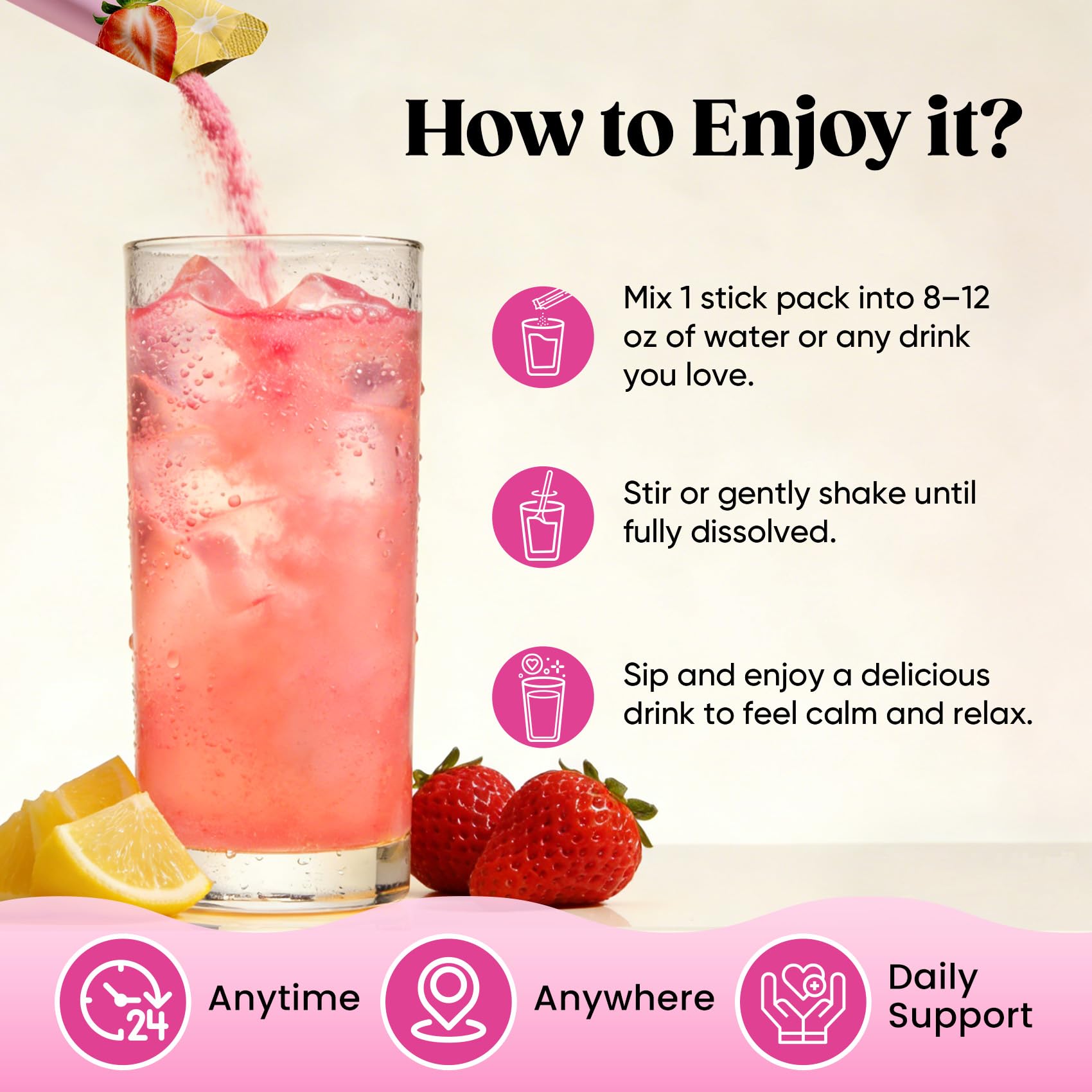 Venture Pal Calm Drink Mix: uso diario en casa para apoyar relajación y sueño.