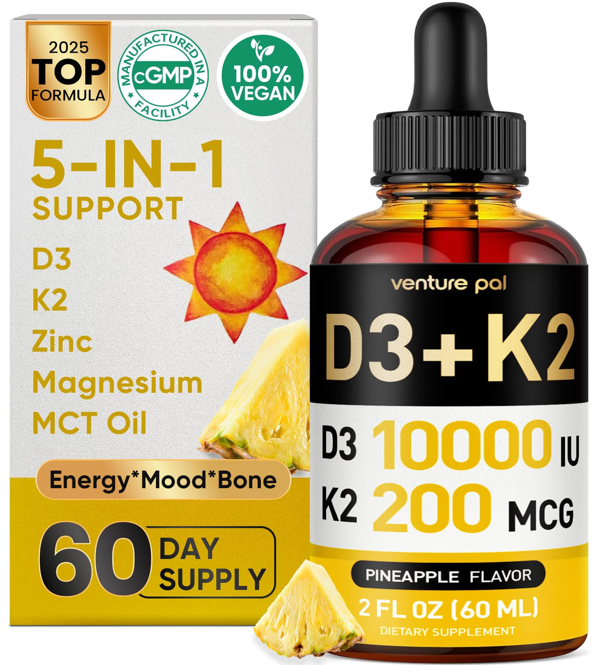 Venture Pal vitamina D3-K2, botella vertido para absorción rápida y diaria