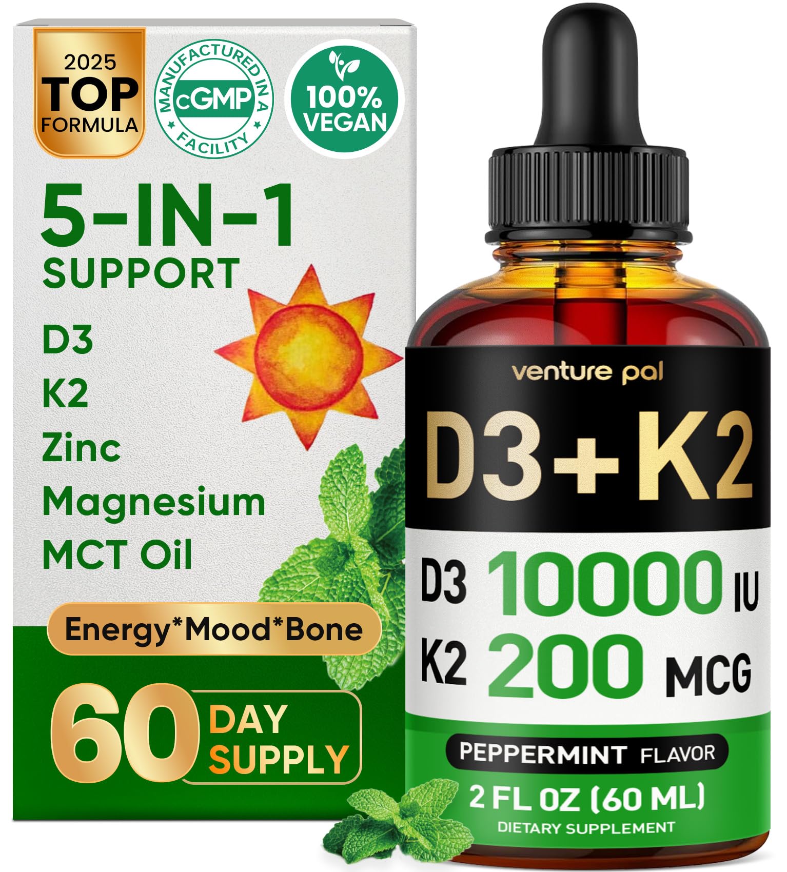Venture Pal vitamina D3-K2 en botella para dosis diarias de salud ósea