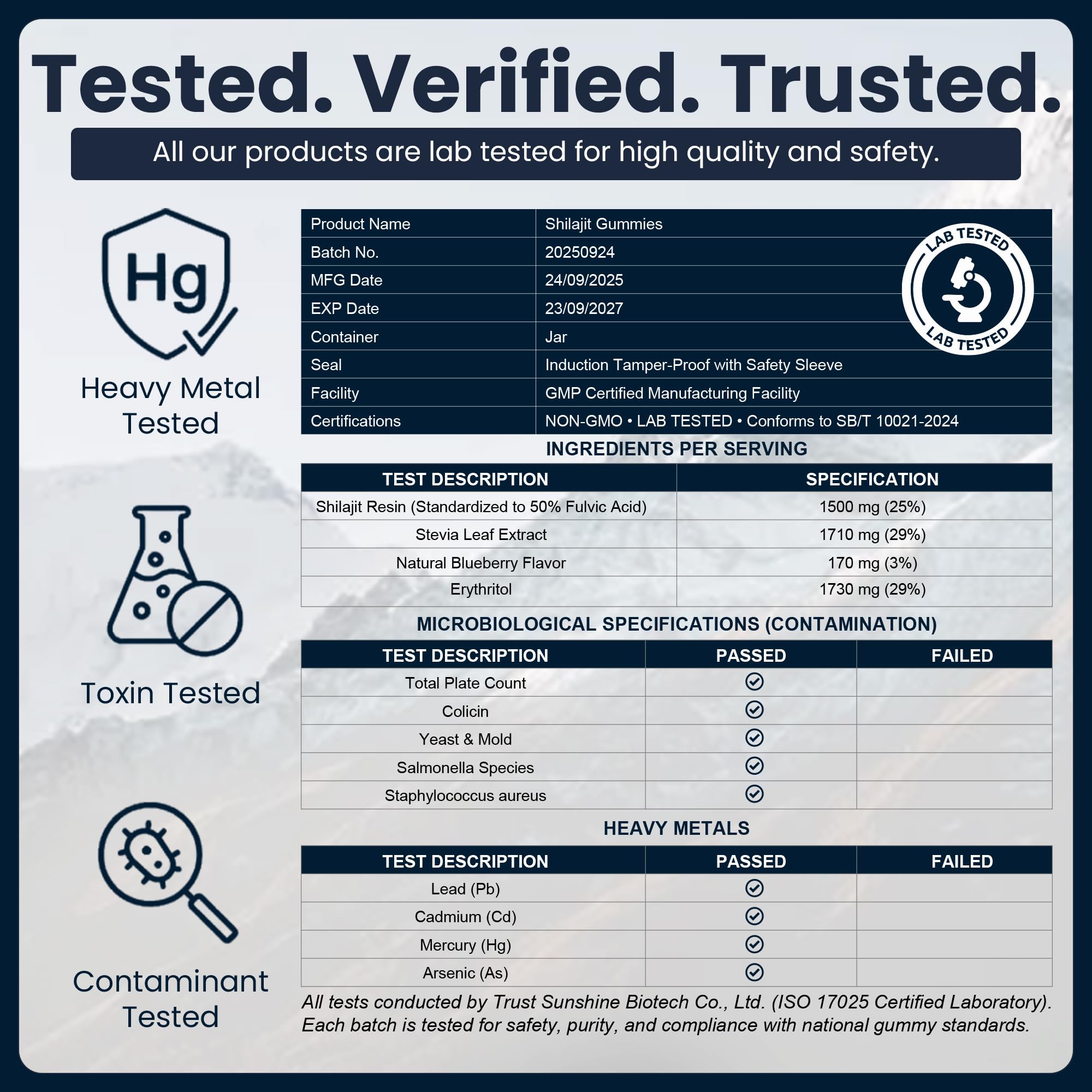 Pruebas de terceros de Veralinda Naturals Shilajit, pureza y seguridad
